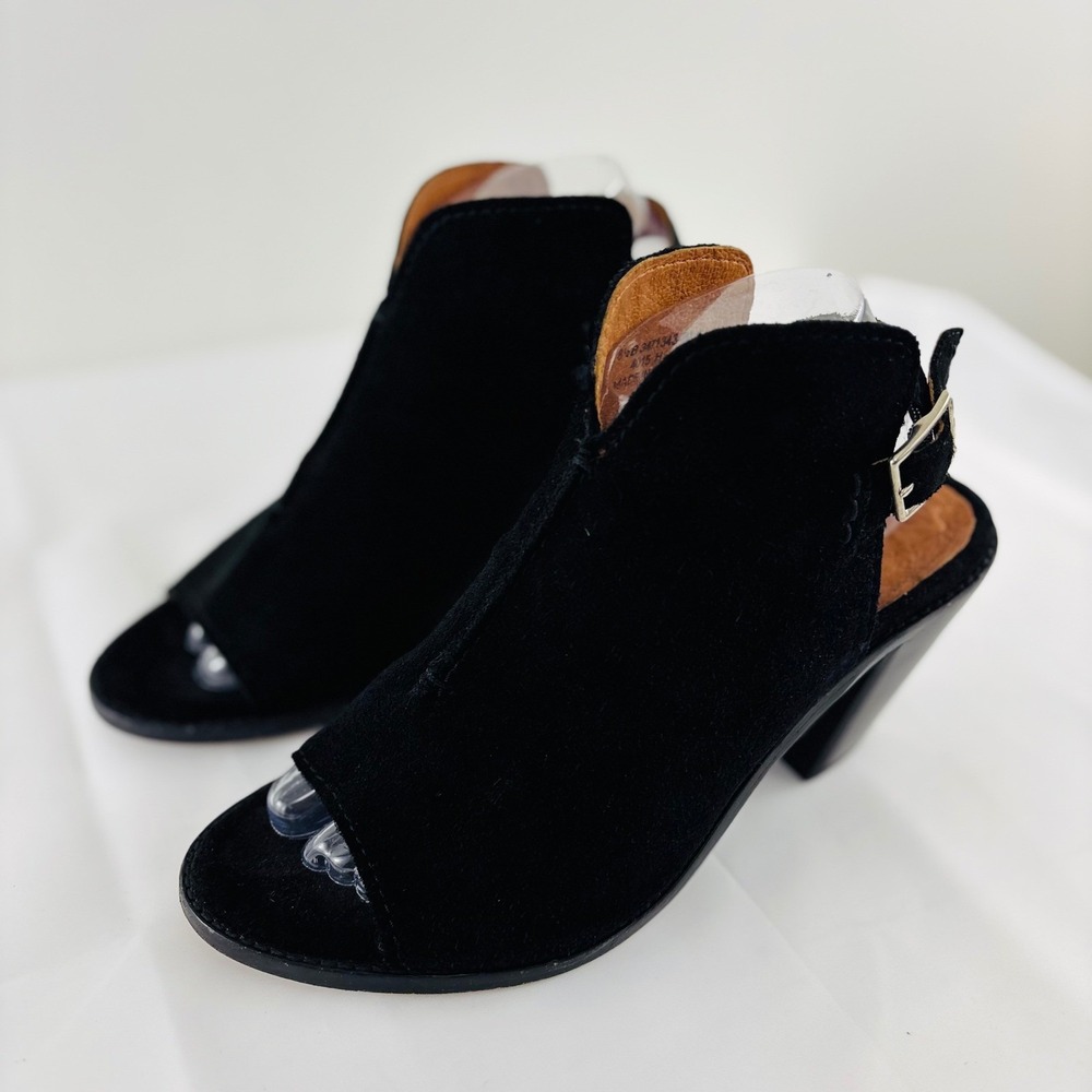 Frye Courtney Black Suede Leather‎ Sling Back Peep Toe Mule Heels Size 8.5B
